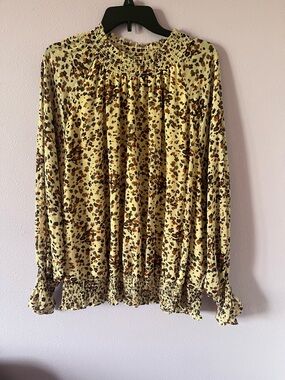 Smocked Neck Long-Sleeve Floral Blouse in Yellow